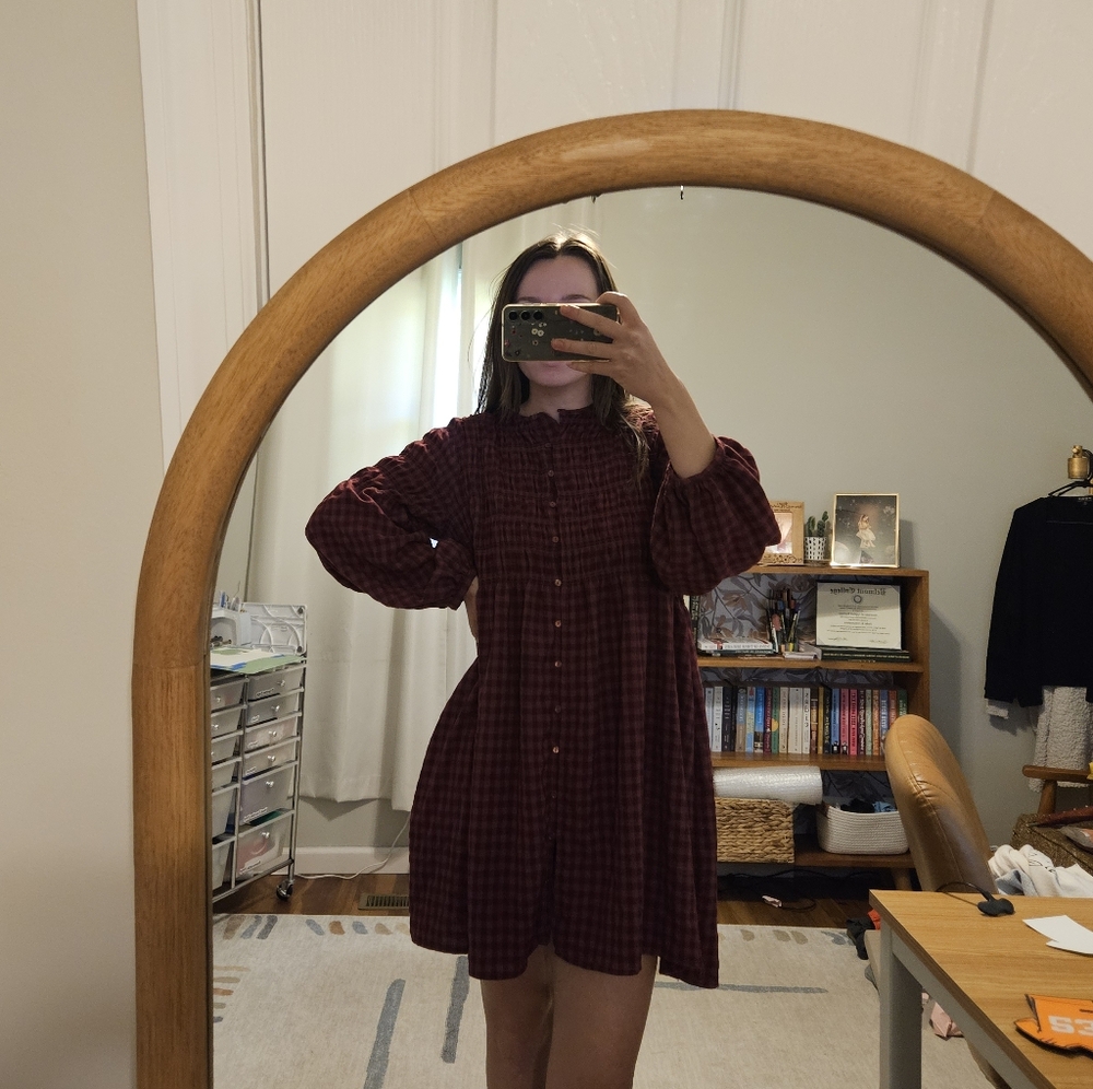 Brass & Row Long Sleeve Smocked Checker Gingham Print Pink Dress